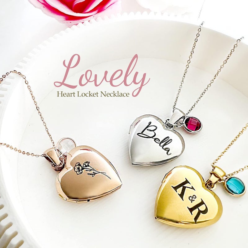 Twenty&Sixty Personalized Heart Locket Necklace for Women, Girl, Kids, Holds Pictures, Birth Flower Personalized & Engraved Picture Locket Necklace Gold/Silver/RoseGold - Image 3